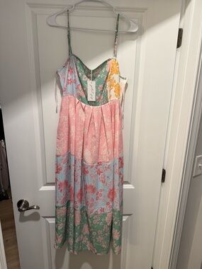 Floral Patchwork Midi Sundress in Pink, Blue & Green